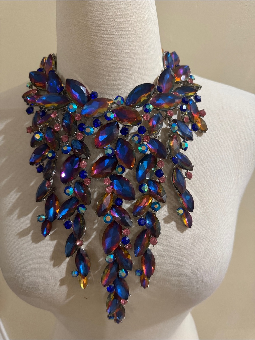 Statement Iridescent Blue-Purple Crystal Bib Necklace